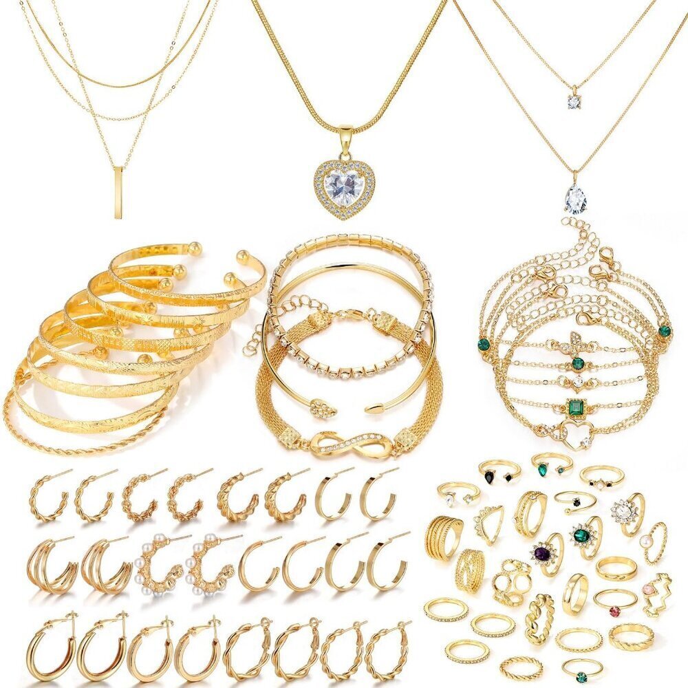 Gold Plated Jewelry Set Stackable Layered Necklace Bracelet Ring Earrings